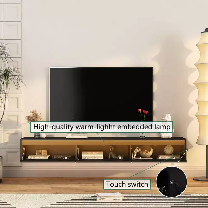 Mobile TV Sospeso da 65 Pollici, Mensola TV da Parete con Luci LED e Presa di Corrente, Mobile TV Lucido per Supporti TV Neri per Soggiorno