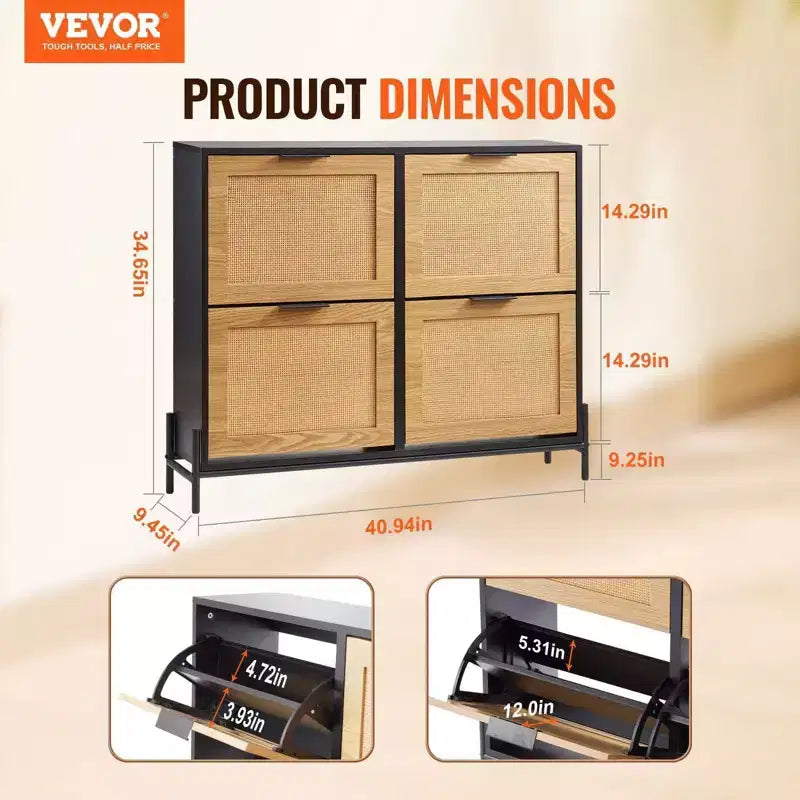 Mobile scarpiera in rattan con 4 cassetti a ribalta da 44"H, organizer sottile e stretto per ingresso con gambe in metallo per corridoio/ripostiglio (colore legno chiaro)