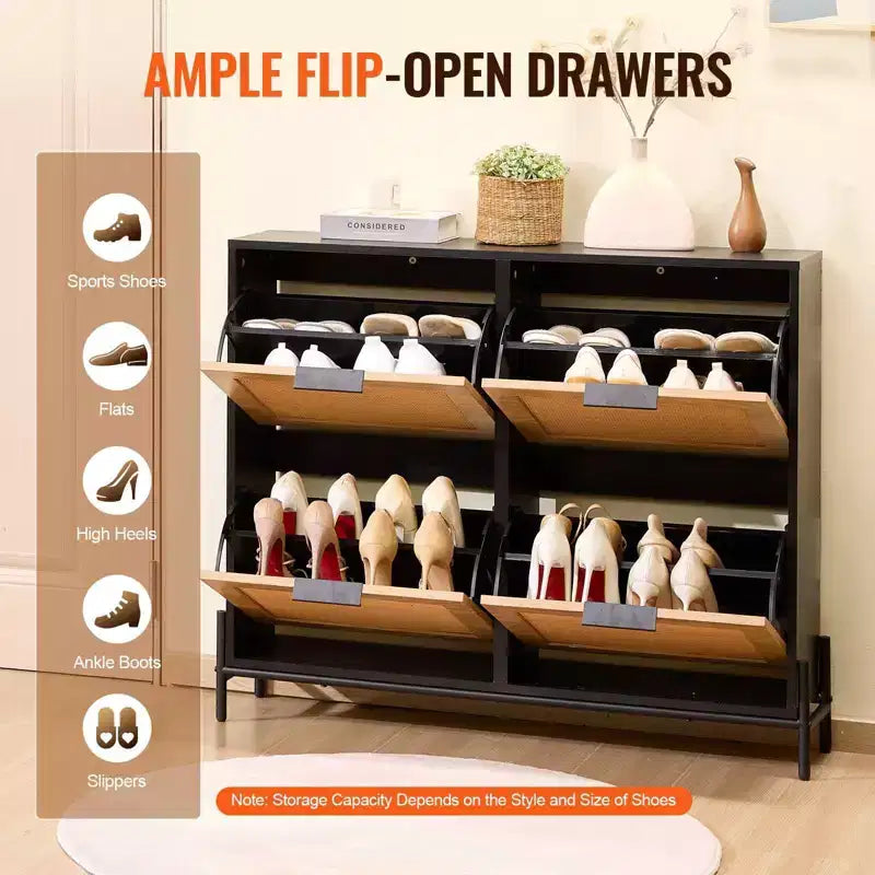 Mobile scarpiera in rattan con 4 cassetti a ribalta da 44"H, organizer sottile e stretto per ingresso con gambe in metallo per corridoio/ripostiglio (colore legno chiaro)