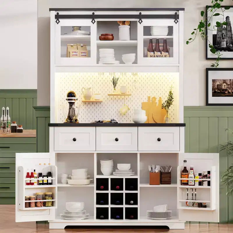 Bellemave White Oak 71 High Kitchen Cabinet - Microwave Stand, Sliding Door, Power Outlet & DIY Pegboard, 3 Drawers Adjustable ShelvesWhite Oak