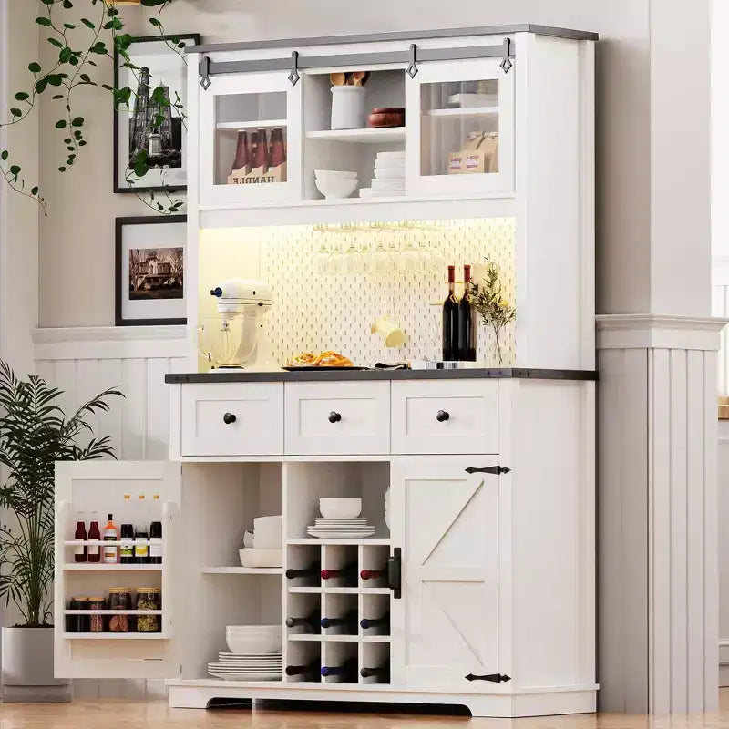 Mobile Alto da Cucina 71" in Rovere Bianco - Porta Microonde, Anta Scorrevole, Presa Elettrica e Pegboard Fai-da-te, 3 Cassetti, Ripiani RegolabiliRovere Bianco