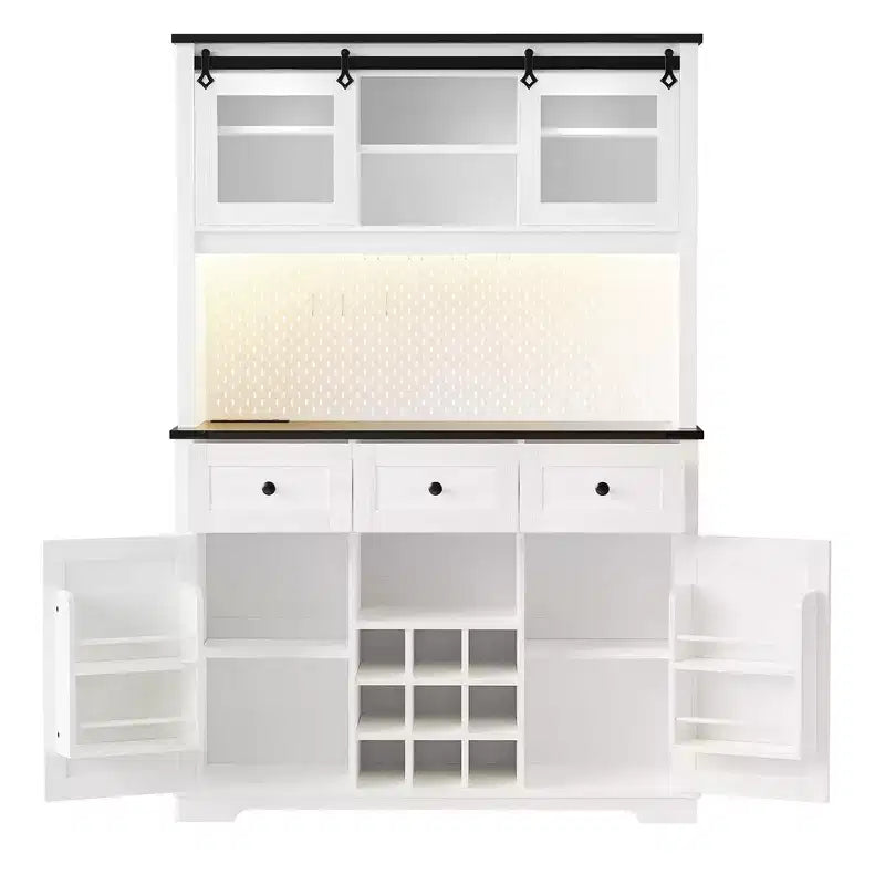 Mobile Alto da Cucina 71" in Rovere Bianco - Porta Microonde, Anta Scorrevole, Presa Elettrica e Pegboard Fai-da-te, 3 Cassetti, Ripiani RegolabiliRovere Bianco