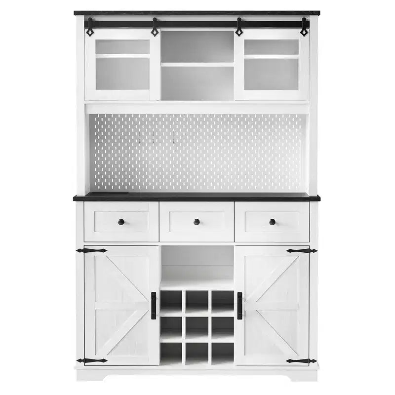 Mobile Alto da Cucina 71" in Rovere Bianco - Porta Microonde, Anta Scorrevole, Presa Elettrica e Pegboard Fai-da-te, 3 Cassetti, Ripiani RegolabiliRovere Bianco