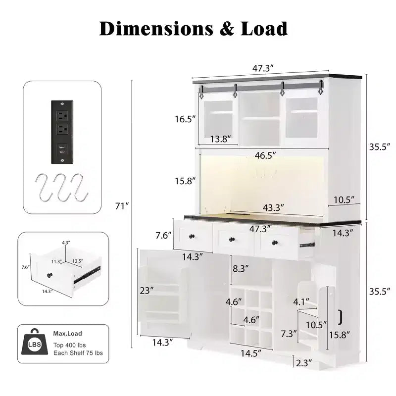 Mobile Alto da Cucina 71" in Rovere Bianco - Porta Microonde, Anta Scorrevole, Presa Elettrica e Pegboard Fai-da-te, 3 Cassetti, Ripiani RegolabiliRovere Bianco