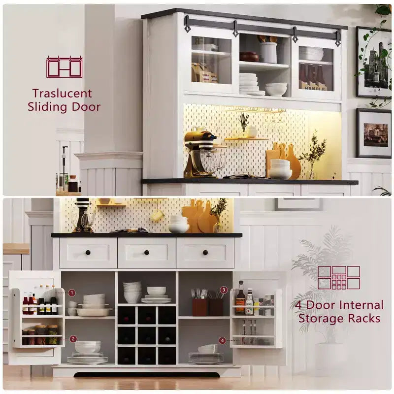 Mobile Alto da Cucina 71" in Rovere Bianco - Porta Microonde, Anta Scorrevole, Presa Elettrica e Pegboard Fai-da-te, 3 Cassetti, Ripiani RegolabiliRovere Bianco
