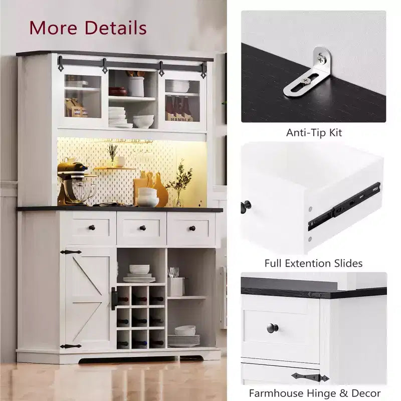 Mobile Alto da Cucina 71" in Rovere Bianco - Porta Microonde, Anta Scorrevole, Presa Elettrica e Pegboard Fai-da-te, 3 Cassetti, Ripiani RegolabiliRovere Bianco