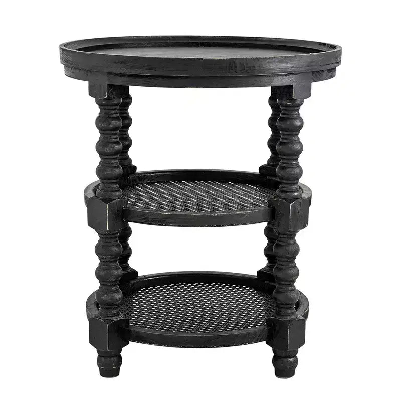 Round Three Tier Side Table with Rattan Shelf Black Finish D23.5x25