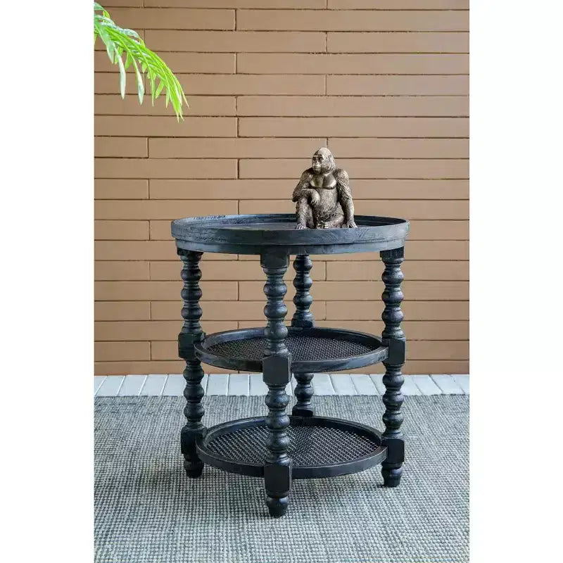 Tavolino rotondo a tre ripiani con ripiano in rattan, finitura nera, D23,5x25
