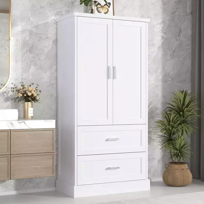 Mobile alto da bagno Amelia in legno moderno con cassetti, vano chiuso a doppia anta e vani integrati sull'anta