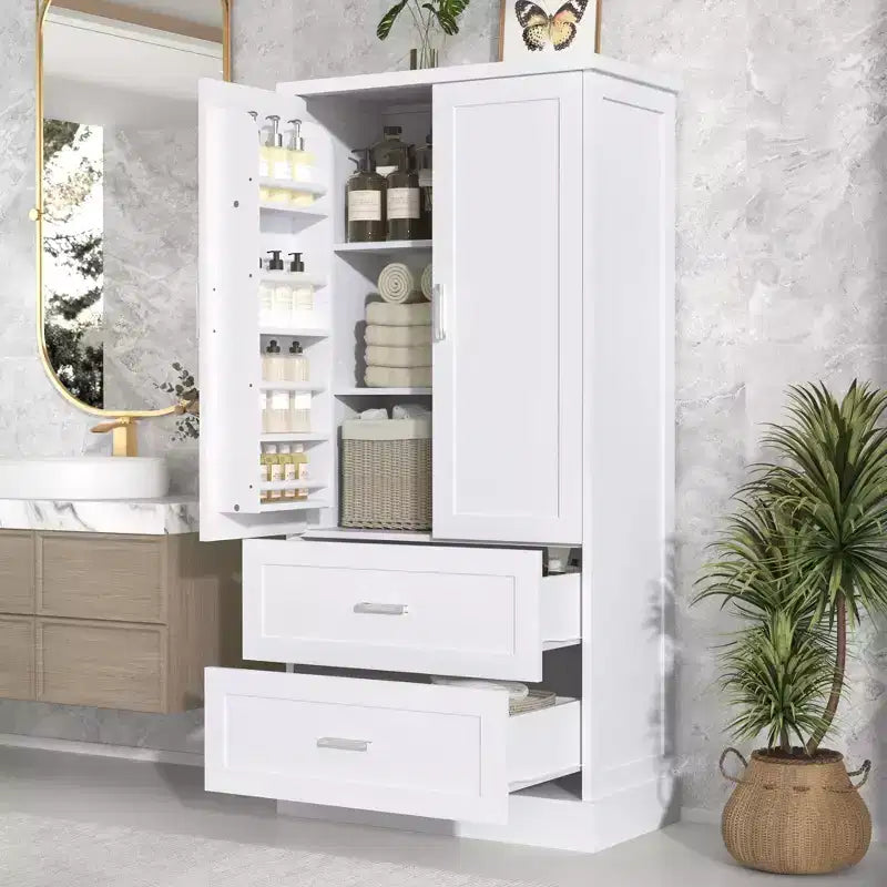 Mobile alto da bagno Amelia in legno moderno con cassetti, vano chiuso a doppia anta e vani integrati sull'anta