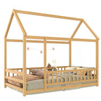 Struttura letto moderna a pavimento, una piazza e mezza/matrimoniale, in pino con tetto a casetta e recinzione, letto a piattaforma in legno per cameretta bambini