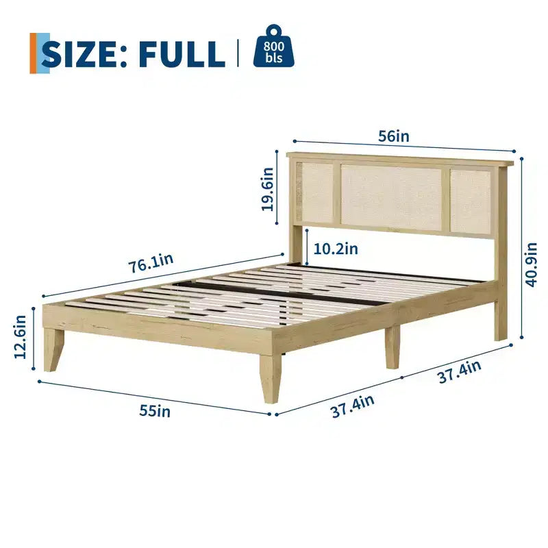 Struttura letto Full/Queen con testiera in rattan naturale, 4 cassetti contenitore, base per materasso in metallo a piattaforma, non necessita di rete a doghe
