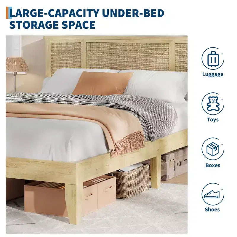 Struttura letto Full/Queen con testiera in rattan naturale, 4 cassetti contenitore, base per materasso in metallo a piattaforma, non necessita di rete a doghe