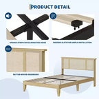Struttura letto Full/Queen con testiera in rattan naturale, 4 cassetti contenitore, base per materasso in metallo a piattaforma, non necessita di rete a doghe