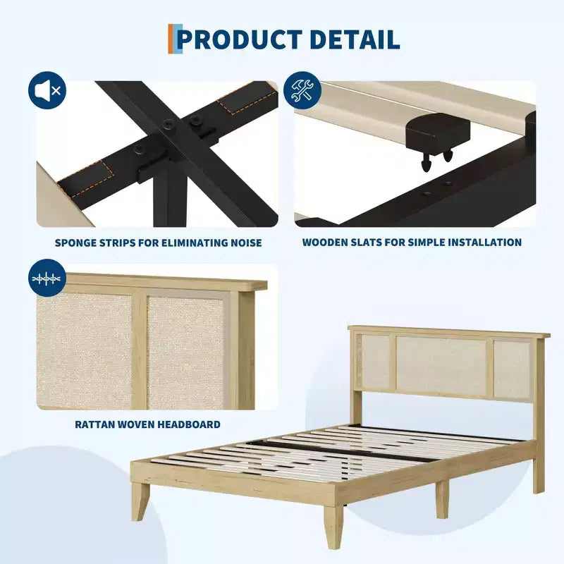 Struttura letto Full/Queen con testiera in rattan naturale, 4 cassetti contenitore, base per materasso in metallo a piattaforma, non necessita di rete a doghe