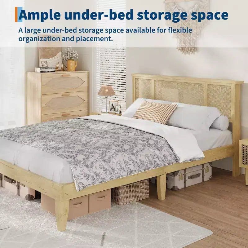 Struttura letto Full/Queen con testiera in rattan naturale, 4 cassetti contenitore, base per materasso in metallo a piattaforma, non necessita di rete a doghe
