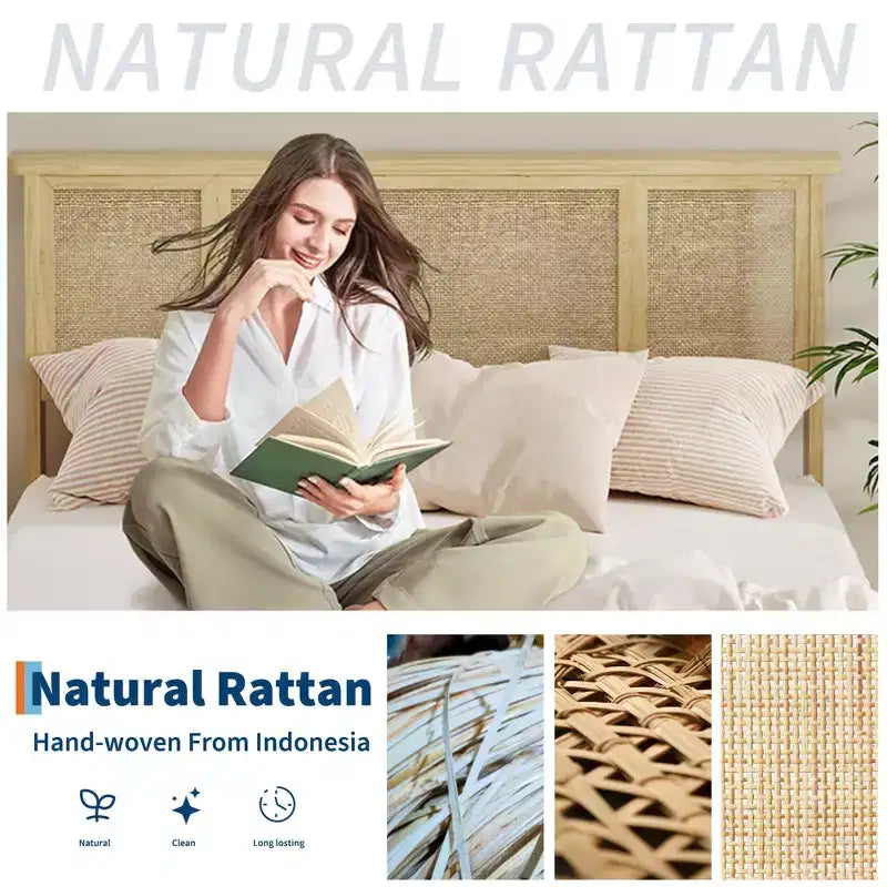 Struttura letto Full/Queen con testiera in rattan naturale, 4 cassetti contenitore, base per materasso in metallo a piattaforma, non necessita di rete a doghe