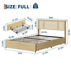 Struttura letto Full/Queen con testiera in rattan naturale, 4 cassetti contenitore, base per materasso in metallo a piattaforma, non necessita di rete a doghe