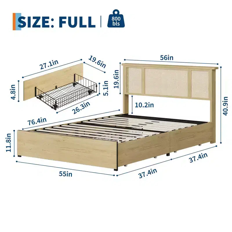 Struttura letto Full/Queen con testiera in rattan naturale, 4 cassetti contenitore, base per materasso in metallo a piattaforma, non necessita di rete a doghe