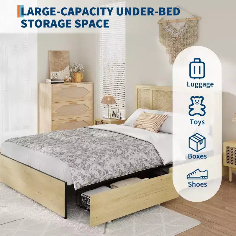 Struttura letto Full/Queen con testiera in rattan naturale, 4 cassetti contenitore, base per materasso in metallo a piattaforma, non necessita di rete a doghe