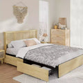 COZONY Full/Queen Bed Frame with Natural Rattan Headboard, 4 Storage Drawers, Metal Platform Mattress Base, No Box Spring Needed