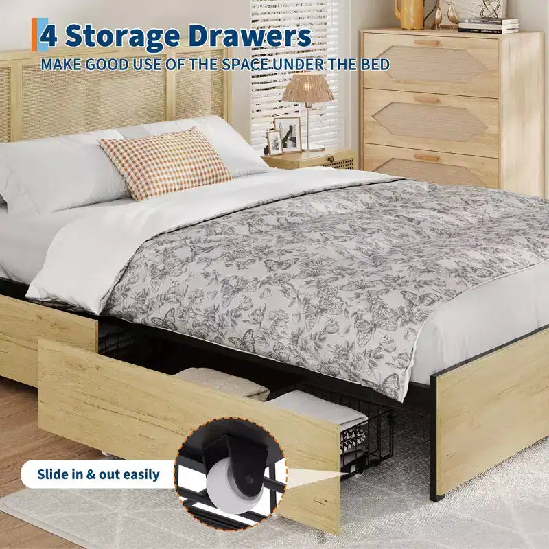 Struttura letto Full/Queen con testiera in rattan naturale, 4 cassetti contenitore, base per materasso in metallo a piattaforma, non necessita di rete a doghe