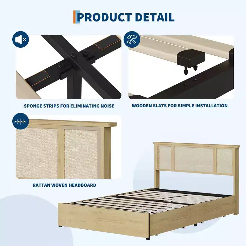Struttura letto Full/Queen con testiera in rattan naturale, 4 cassetti contenitore, base per materasso in metallo a piattaforma, non necessita di rete a doghe