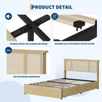Struttura letto Full/Queen con testiera in rattan naturale, 4 cassetti contenitore, base per materasso in metallo a piattaforma, non necessita di rete a doghe