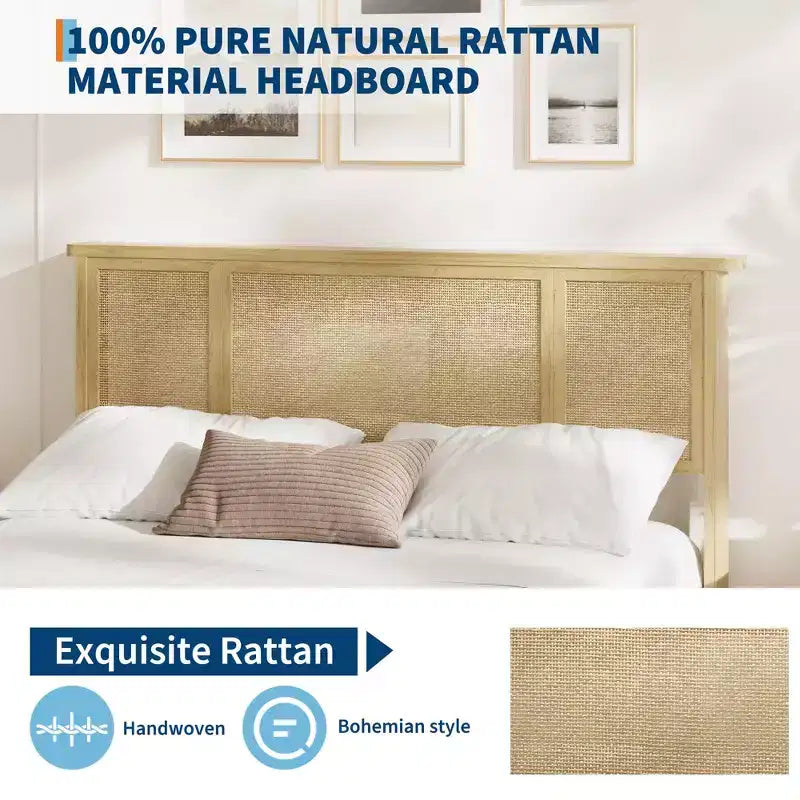 Struttura letto Full/Queen con testiera in rattan naturale, 4 cassetti contenitore, base per materasso in metallo a piattaforma, non necessita di rete a doghe