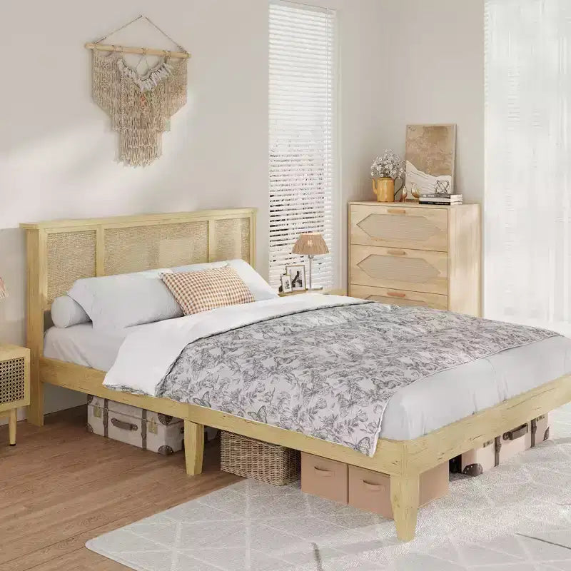 Struttura letto Full/Queen con testiera in rattan naturale, 4 cassetti contenitore, base per materasso in metallo a piattaforma, non necessita di rete a doghe