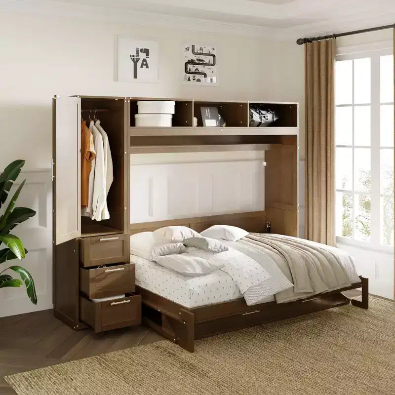 Letto a scomparsa full size con armadio, cassetti e scaffali aperti