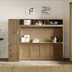 Letto a scomparsa full size con armadio, cassetti e scaffali aperti