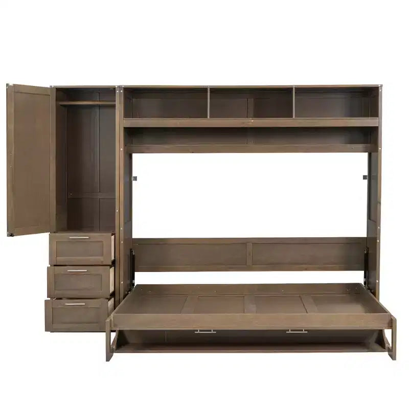 Letto a scomparsa full size con armadio, cassetti e scaffali aperti