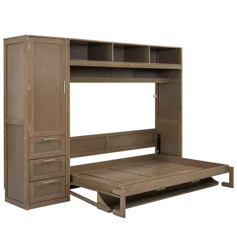 Letto a scomparsa full size con armadio, cassetti e scaffali aperti